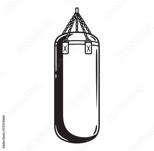 Simple hand drawn black and white boxing punching bag hanging from chains