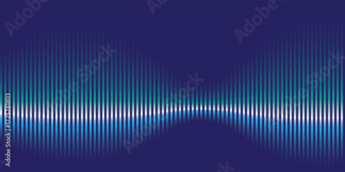 Abstract digital sound wave visualization with glowing blue green and white vertical lines.