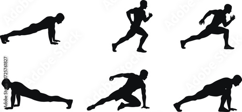 Silhouette, male, athlete, runner, sprinter, plank, push-up, lunge, stretching, yoga, workout, exercise, training, fitness, posture, strength, balance, motion, activity, body, pose