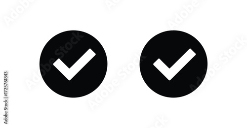 Two black circle icons with white check marks, symbolizing approval, correctness, completion, and digital validation in user interfaces
