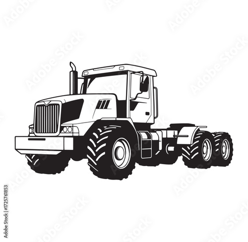 Vector illustration of a heavy duty farm tractor in black and white isolated on white background