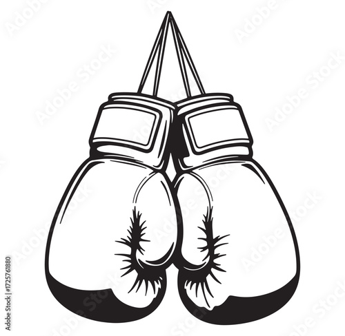 Vector illustration of boxing gloves hanging in black and white isolated on white