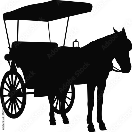 Silhouette of horse cart with canopy isolated on white vector, Traditional rural transport illustration, Black horse-drawn carriage silhouette, Heritage village horse cart vector artwork