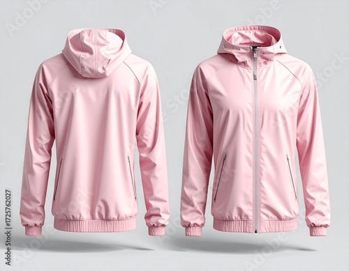 Isolated pink hooded windbreaker jacket with a zipper, shown in front and back views. A blank, casual sportswear apparel mockup for design presentation