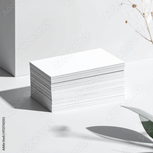 Minimalist Stack of Blank Business Cards on White Surface with Plant Shadow