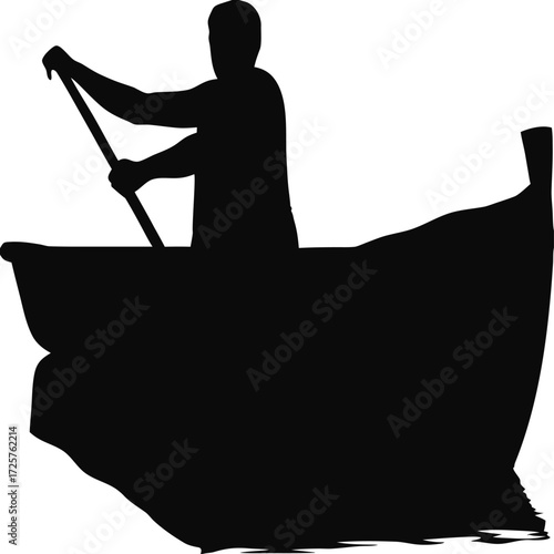 Silhouette of man rowing country boat isolated on white vector, Traditional rural water transport illustration, Black fisherman or boatman silhouette, Heritage river or lake rowing scene vector