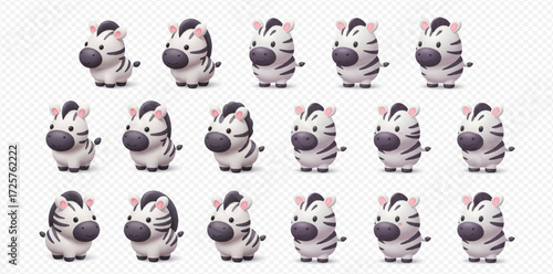 Fifteen identical cute cartoon zebras with soft textures arranged neatly in a grid pattern on a transparent background.