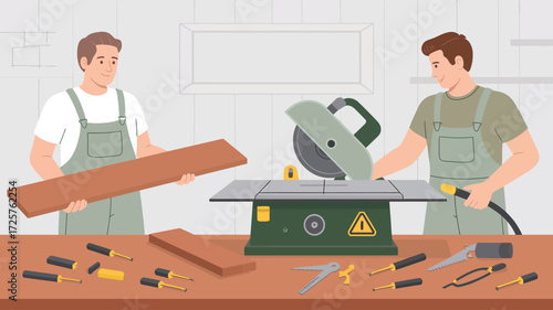 Woodworking workshop scene with two carpenters using tools and saw, symbolizing craftsmanship, teamwork, safety, and hands-on skill