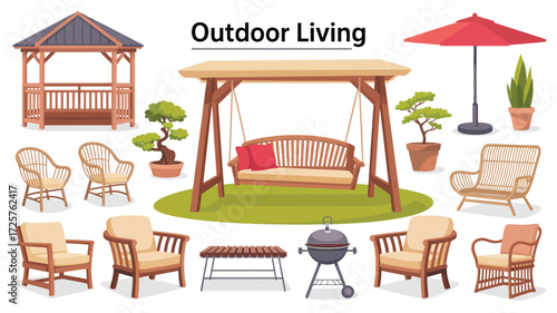 Outdoor living scene with swing, furniture, grill, umbrella, and plants, symbolizing garden comfort, patio decor, and backyard lifestyle