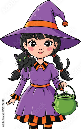 Cartoon girl in a witch costume with a black cat and a green cauldron on a white background