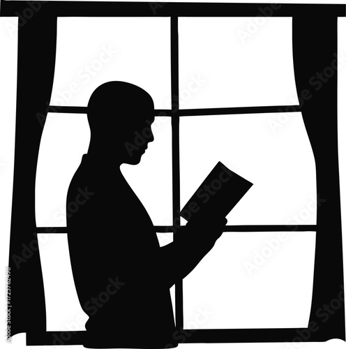 Silhouette of Muslim man reading Quran by window isolated vector, Islamic worship and prayer illustration, Black silhouette of man reciting holy book, Spiritual devotion in Ramadan religious artwork