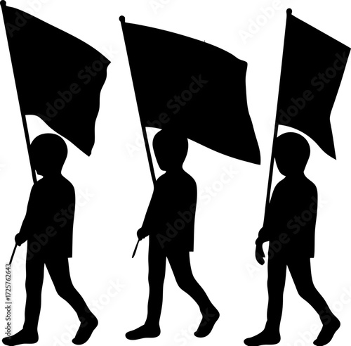 Silhouette of people carrying colorful flags isolated vector, Black crowd with waving banners illustration, Parade procession with flags silhouette design, Cultural celebration group holding flags art