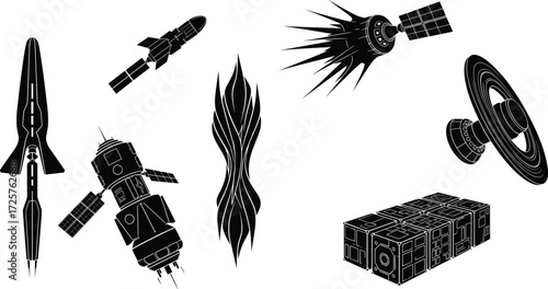 Spacecraft and satellite silhouettes, orbital technology illustrations with rockets, modules, and energy bursts, black and white vector artwork, aerospace, exploration, science