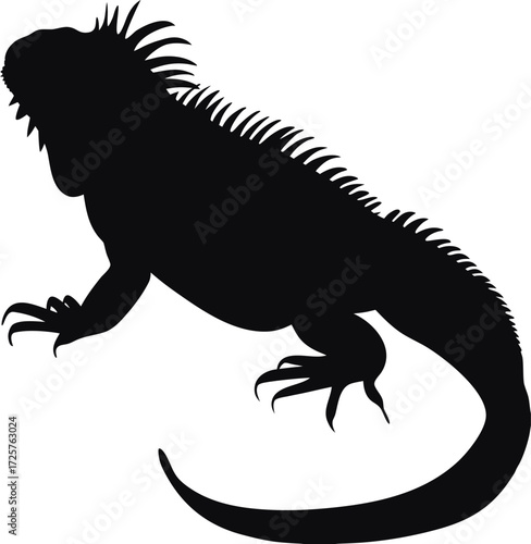 Black silhouette of a spiky iguana on white background