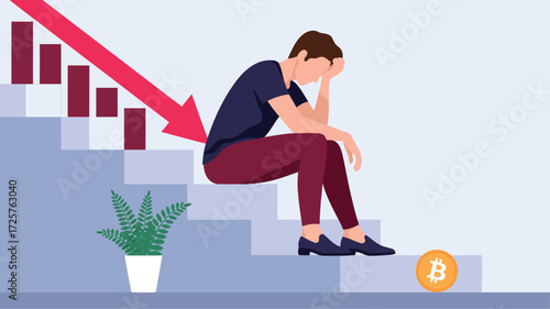 Person sitting on stairs with red downward arrow and Bitcoin symbol, representing cryptocurrency decline, financial loss, and market stress