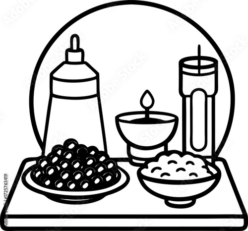 Stylized iftar table spread top view vector, Ramadan food illustration with rice kebab and dates, Islamic festive meal line art design, Traditional iftar dinner top view isolated artwork