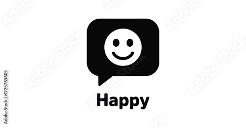 Minimal speech bubble with smiley face and “Happy” text, symbolizing joy, communication, emotion, and positive digital expression