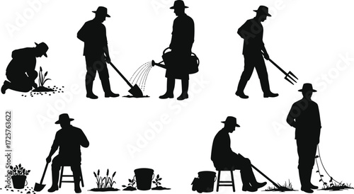 Silhouette, male, gardener, farming, agriculture, planting, watering, hoe, pitchfork, soil, sitting, tool, posture, activity, motion, outdoor, seasonal, work, task, body, pose