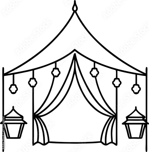 Vector of desert tent iftar scene with lanterns hanging isolated illustration, Ramadan desert night artwork, Islamic cultural iftar gathering vector, Traditional tent with lanterns design