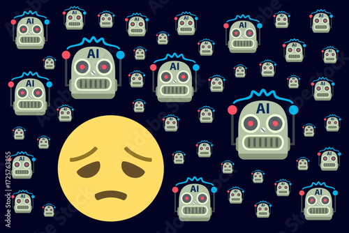 Vector illustration of a sad disappointed emoji surrounded by AI robots, symbolizing technology anxiety, digital isolation, and human versus machine contrast.