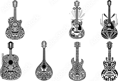 Tribal guitar silhouette illustrations—ornate, acoustic, electric, mandolin styles—vector artwork, music, rhythm, tattoo, design, culture, expression