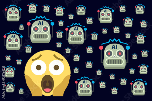 Vector illustration of a screaming emoji surrounded by AI robots, symbolizing fear of technology, digital anxiety, human versus machine conflict, and emotional stress.