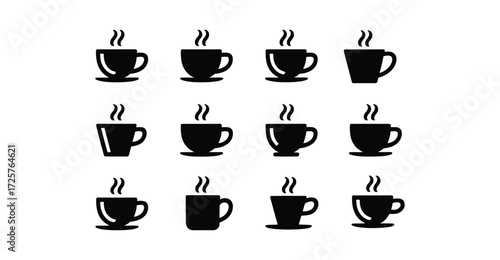 Grid of steaming coffee cup icons in black silhouette—perfect for café branding, hospitality design, lifestyle visuals, and pattern use