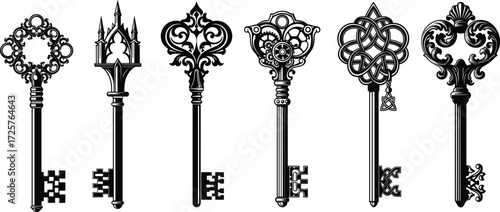 Vintage key silhouette illustrations—ornate, gothic, floral, geometric styles—vector artwork, antique design, mystery, lock, symbol, elegance, history