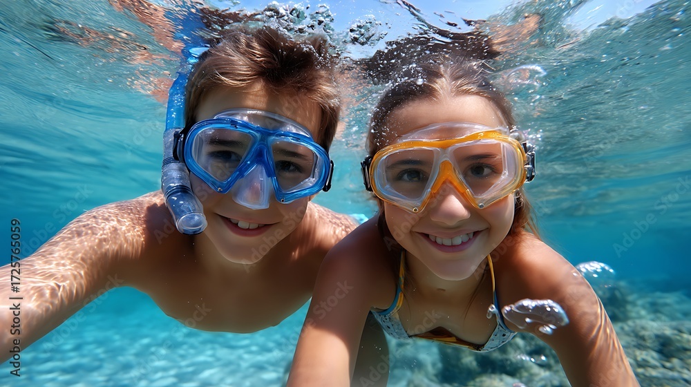 Naklejka premium Kids Having Fun While Snorkeling Underwater in Clear Tropical Ocean Water