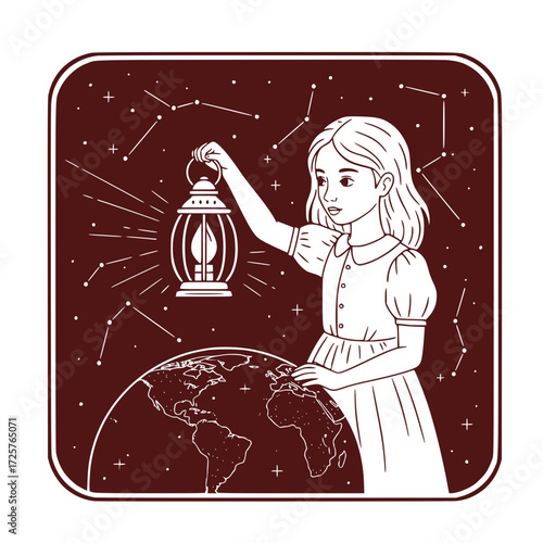 Shining a lantern on your earthly path: Young girl holding a lantern and gazing at stars over Earth