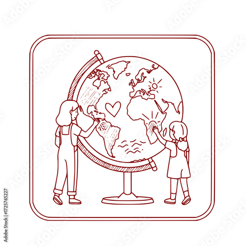 Children coloring globe and learning about the world in classroom  