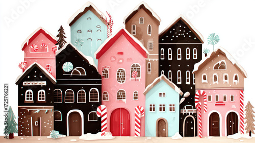 A whimsical set of colorful candy houses with snow-covered roofs and candy cane details, perfect for a joyful holiday design