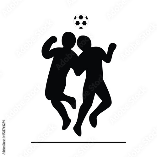 Two soccer players silhouetted jumping to head the ball isolated on white background