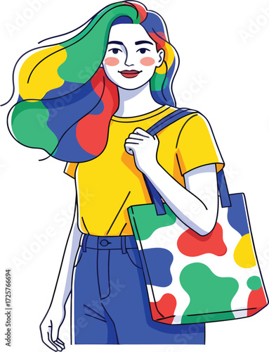 Vector, illustration, model woman with a bag, totebag, abstract colors, poster, background,