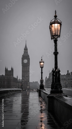 A wet city street, illuminated by vintage lamp posts, leads to the iconic clock tower on a gloomy day.