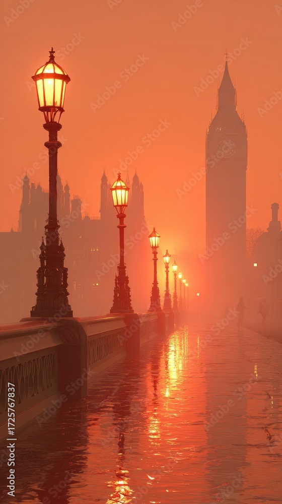 Fototapeta premium A misty, orange-hued London cityscape, illuminated by streetlights, reflecting on a wet bridge.