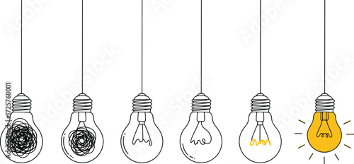 Light bulb evolution icons, idea formation concept, glowing filament vector, black and yellow illustration for creativity, problem solving, minimal design