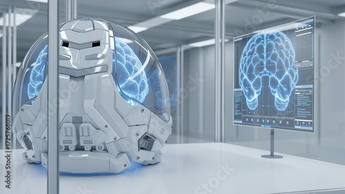 Futuristic laboratory showcasing an advanced science fiction concept powerful brain in container, exploring mind through neuroscience and artificial intelligence technology