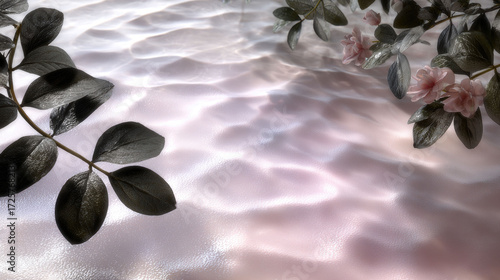 A serene scene of tranquil, pale pink water with a rippled texture, framed by dark green plant leaves and shadows
