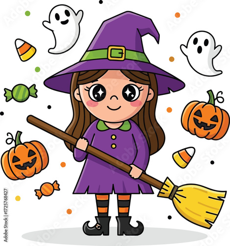 A cartoon witch girl with a broom surrounded by pumpkins ghosts and halloween candy illustration