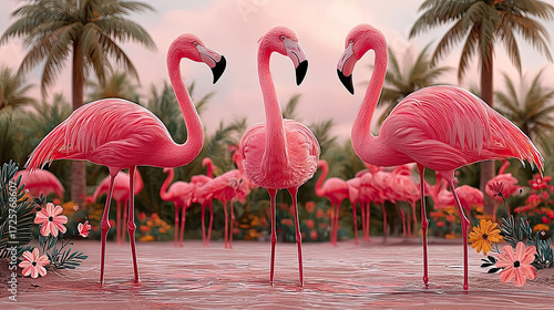 A beautiful group of pink flamingos standing in shallow water, surrounded by lush palm trees and flowers in a tropical setting