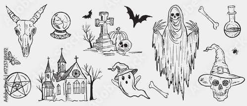 Hand drawn horror gothic set for Halloween. Vector sketch illustration in vintage crayon charcoal style. Perfect for Halloween window decorations, holiday packaging