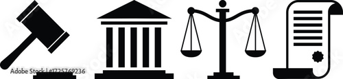 Law, Justice, Court, Scale, Gavel, Document Icons - Black and White Legal Vector Illustration