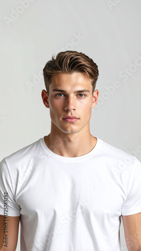 Professional Minimalist Headshot of Young Man in White T Shirt on Light Background