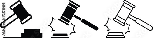 Gavel Icon Set Law, Auction, Justice Symbols - Black and White Vector Graphics
