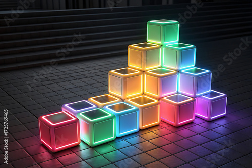 Abstract Colorful Neon Blocks on Dark Background