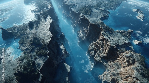  Bird's-eye view of a deep narrow waterway canyon surrounded by steep cliffs, water reflecting azure sky, light shaping rock formations, grand primitive tranquil landscape