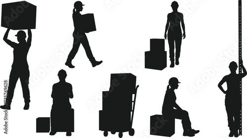 Silhouette, male, worker, labor, warehouse, logistics, industry, lifting, carrying, stacking, box, sitting, standing, measuring, posture, activity, motion, job, task, body, pose