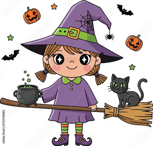 Cartoon witch girl with a black cat on a broomstick with pumpkins and bats isolated on white background