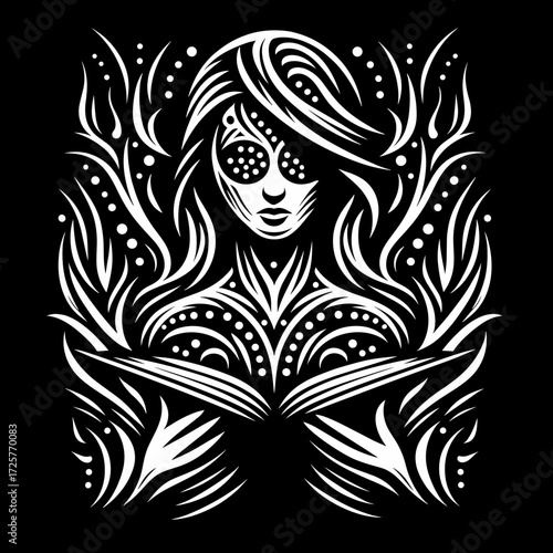 Woman reading braille surrounded by decorative patterns  